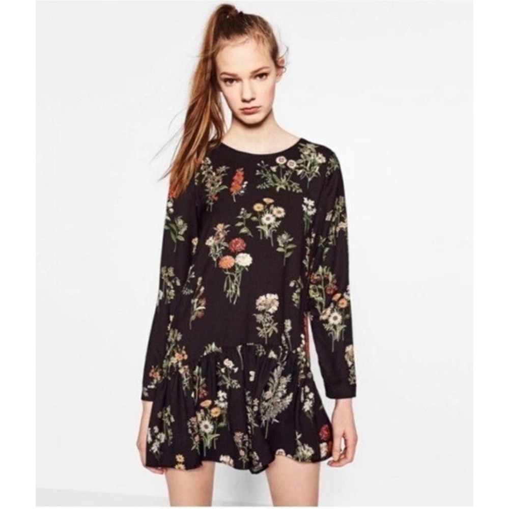 Zara Trafaluc Black Floral‎ Long Sleeve Drop Waist Mini Dress M